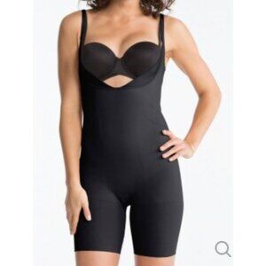 SPANX Women's Black Slimmer & Shine Open-Bust Mid-Thigh Bodysuit Size L